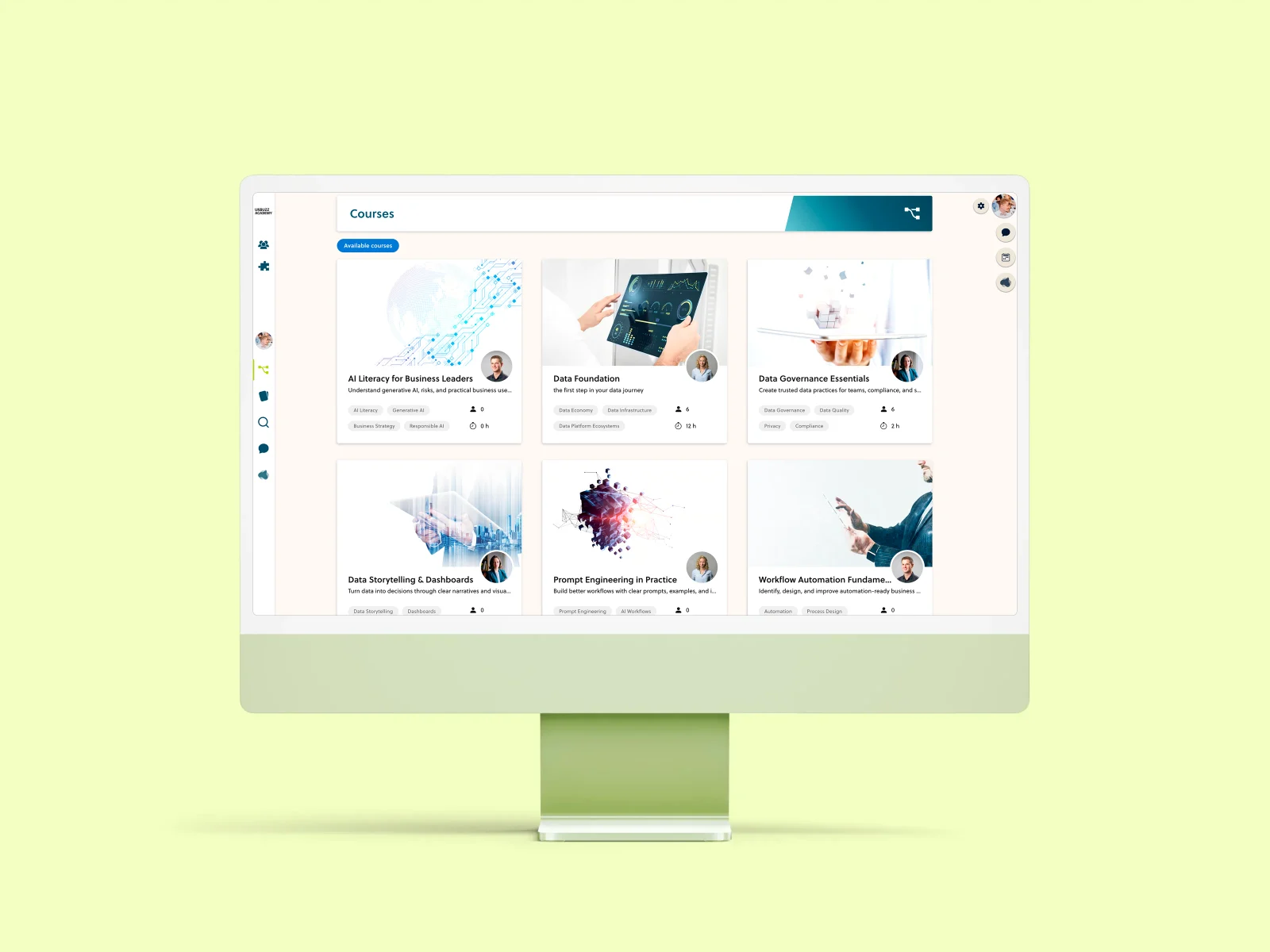 White-label data course portal example in a lime brand theme