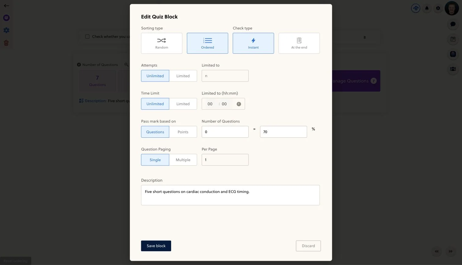 The PrepOS quiz settings dialog with ordering, feedback, attempts, time limit, pass mark and paging controls